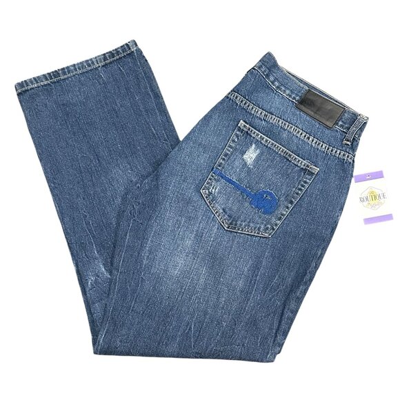Mecca Mens 38x32 Wide Leg Distressed Denim Jeans Baggy Hip Hop Y2K Pocket Logo